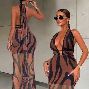 Printed Halter Tie brown Casual Dress